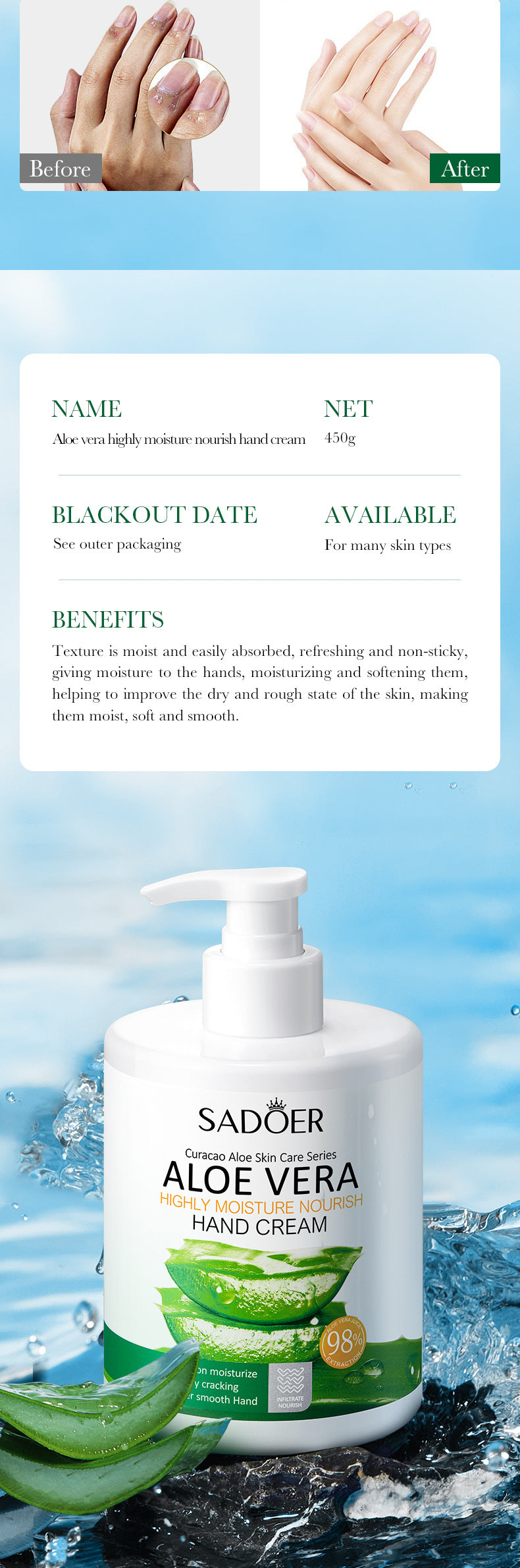 Pump Head Hand Cream450g SADOER Vitamin C Aloe Vera Whitening Large Capacity Cross-Border Wholesale