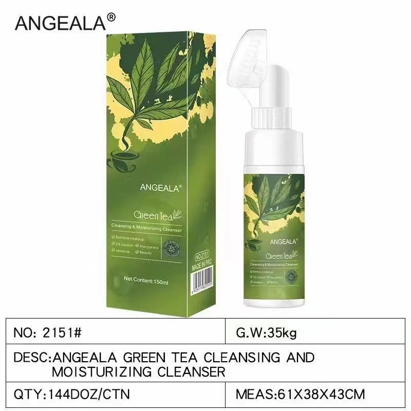 【Exclusive Supply】ANGEALA Green Tea Facial Cleanser Foaming Cleansing Facial Cleanser with Silicone Brush