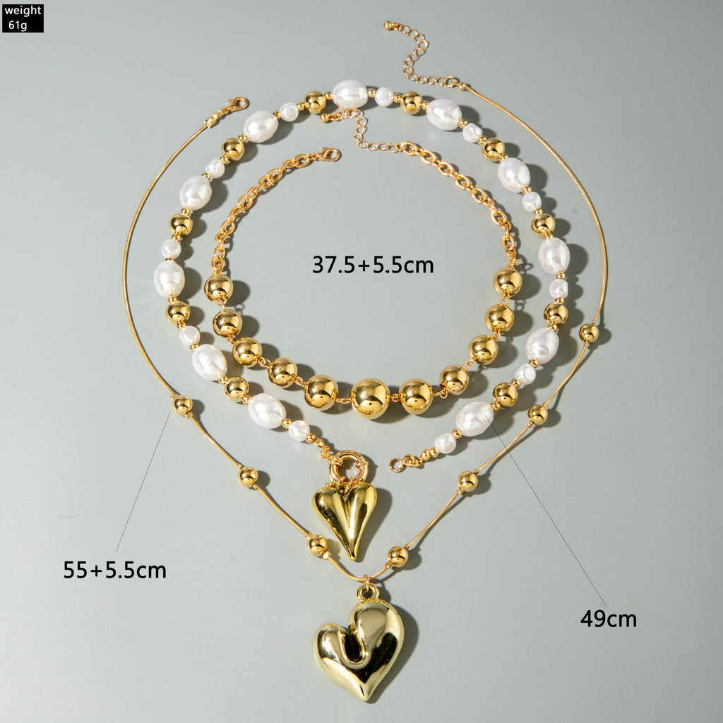 Ornament Layered Wear CCB Peach Heart Necklace Wholesale Baroque Metal Pendant Pearl Necklace