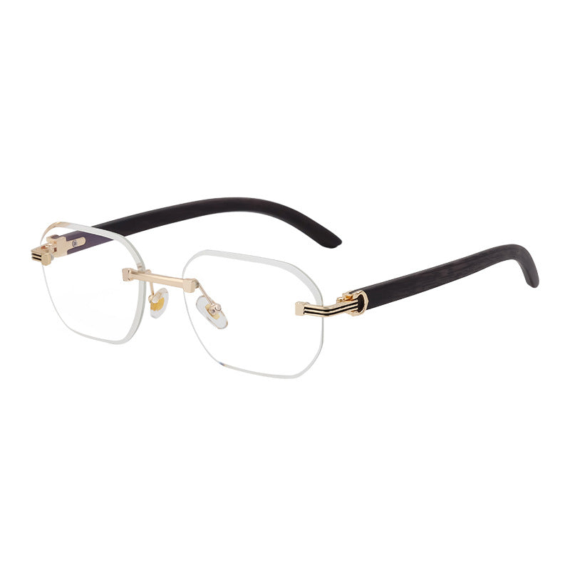 【Customization】Diamond Cut Rimless Glasses for Men, European and American Retro Style, Imitation Wood Grain Temple Sunglasses, Sun Protection Sunglasses