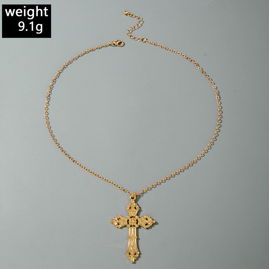 European and American Retro Hollow Diamond Cross Pendant Necklace Gothic Style Black Layered Wear Y Type Necklace