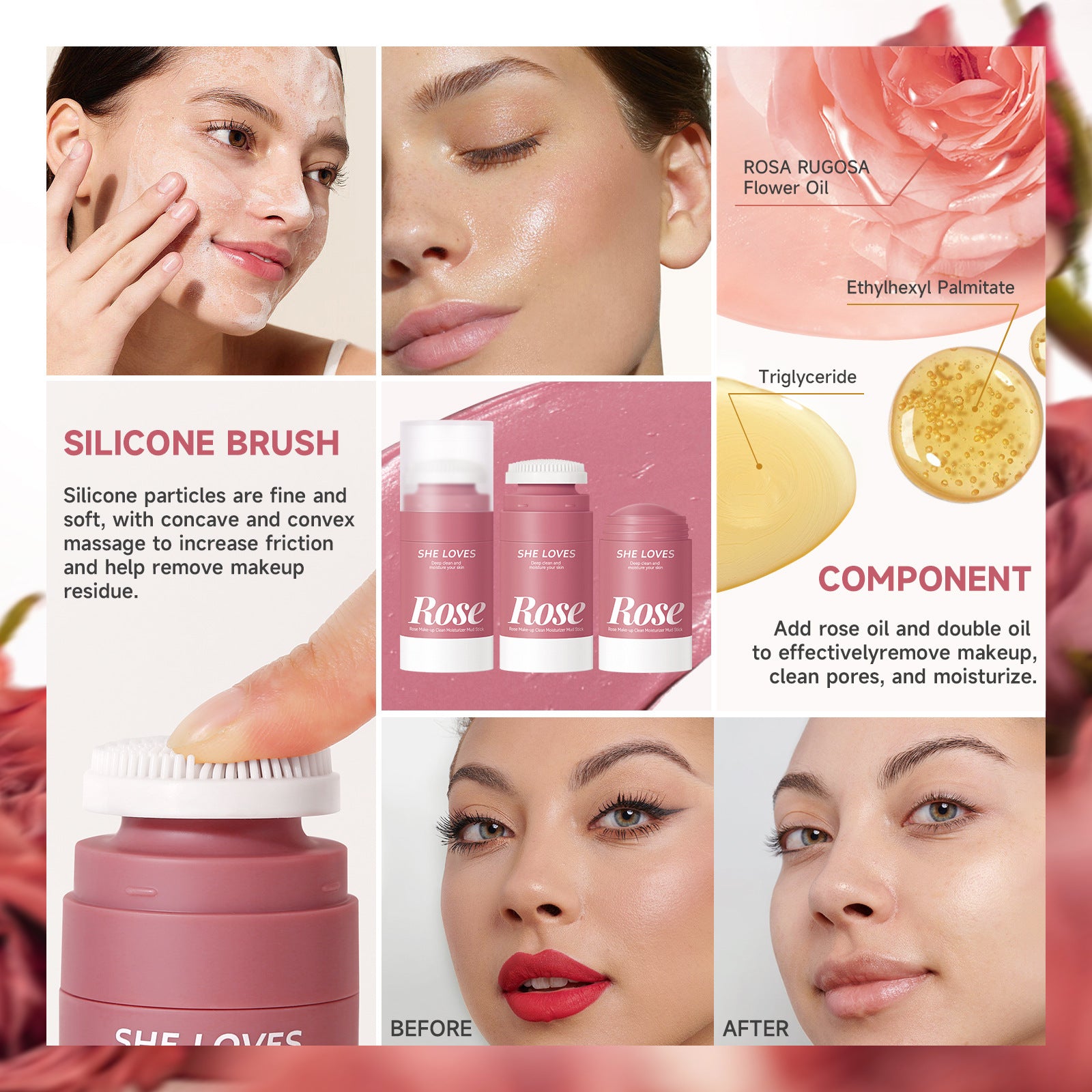 Exclusive Supply Rose Makeup Remover Balm Dissolving Makeup Eye Lip Face 3-in-1 Gentle Non-Irritating Makeup Remover Oil Lotion