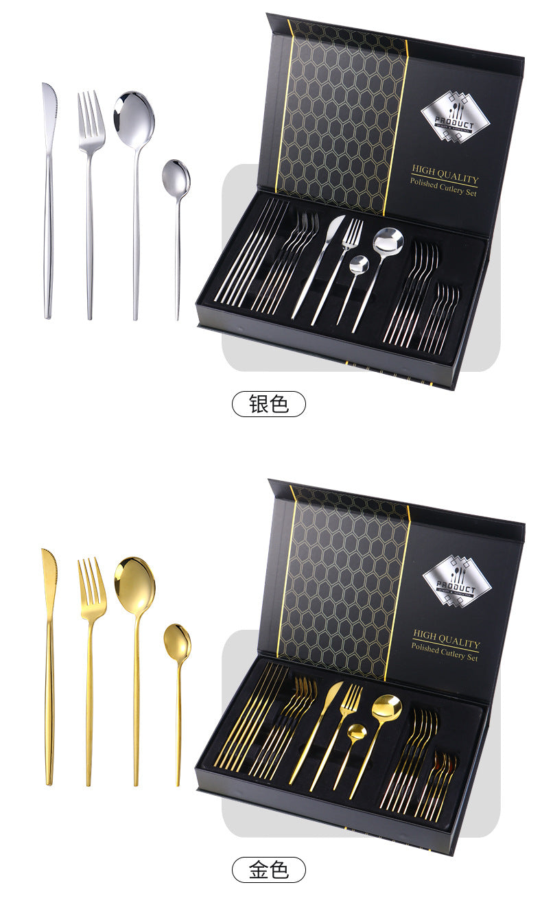 Stainless Steel Cutlery Set24Set of Gold-Plated Portuguese Tableware Western Steak Knife Fork Spoon Gift Box