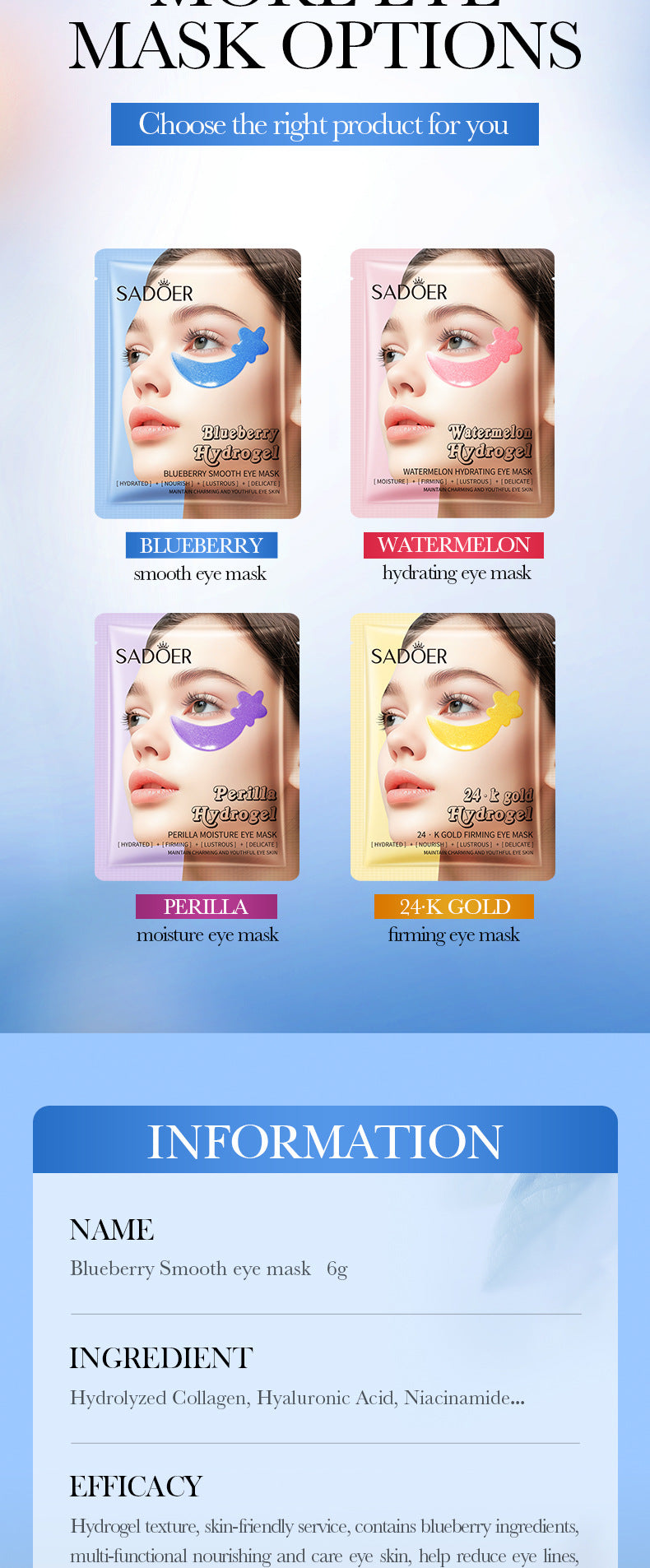 Full English Blueberry Fruit Smooth Eye Mask SADOER Moisturizing and Nourishing Eye Mask Patches  Wholesale