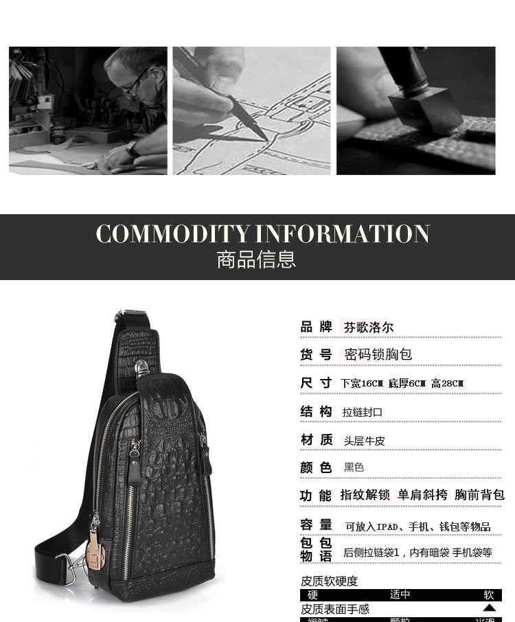 Men's Genuine Leather Chest Bag Multi-Functional Password Lock Cycling Crossbody Bag Backpack Crocodile Pattern Top Layer Cowhide Men's Bag Durable