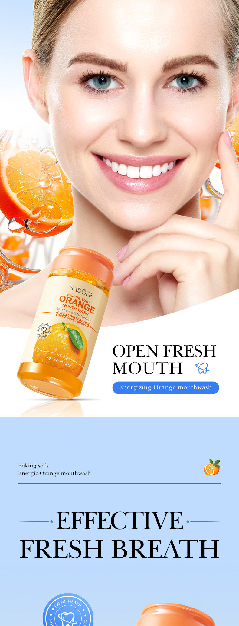 Fruit Mouthwash SADOER Fresh Orange Baking Soda Tooth Stain Remover Mouthwash Bottle Cross-Border Wholesale