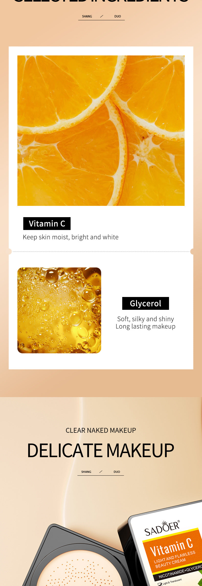 Makeup SADOER Vitamin C Mushroom Cushion Moisturizing Lightweight Breathable BB Wholesale Cross-Border Foreign Trade Frost