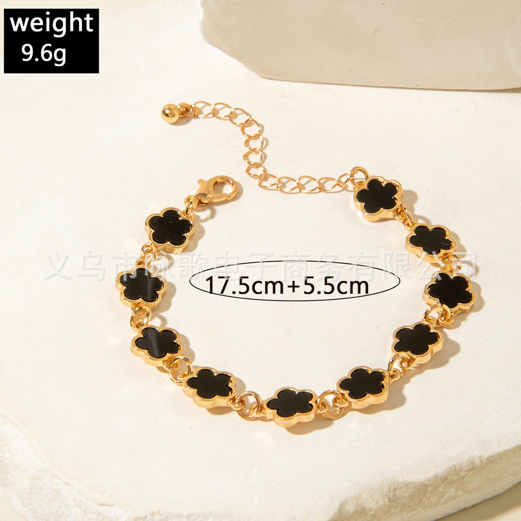 European and American Fashion Alloy Inlaid Diamond Five-Leaf Clover Bracelet Jewelry Three-Piece Set Simple Geometric Smooth Bracelet Wholesale