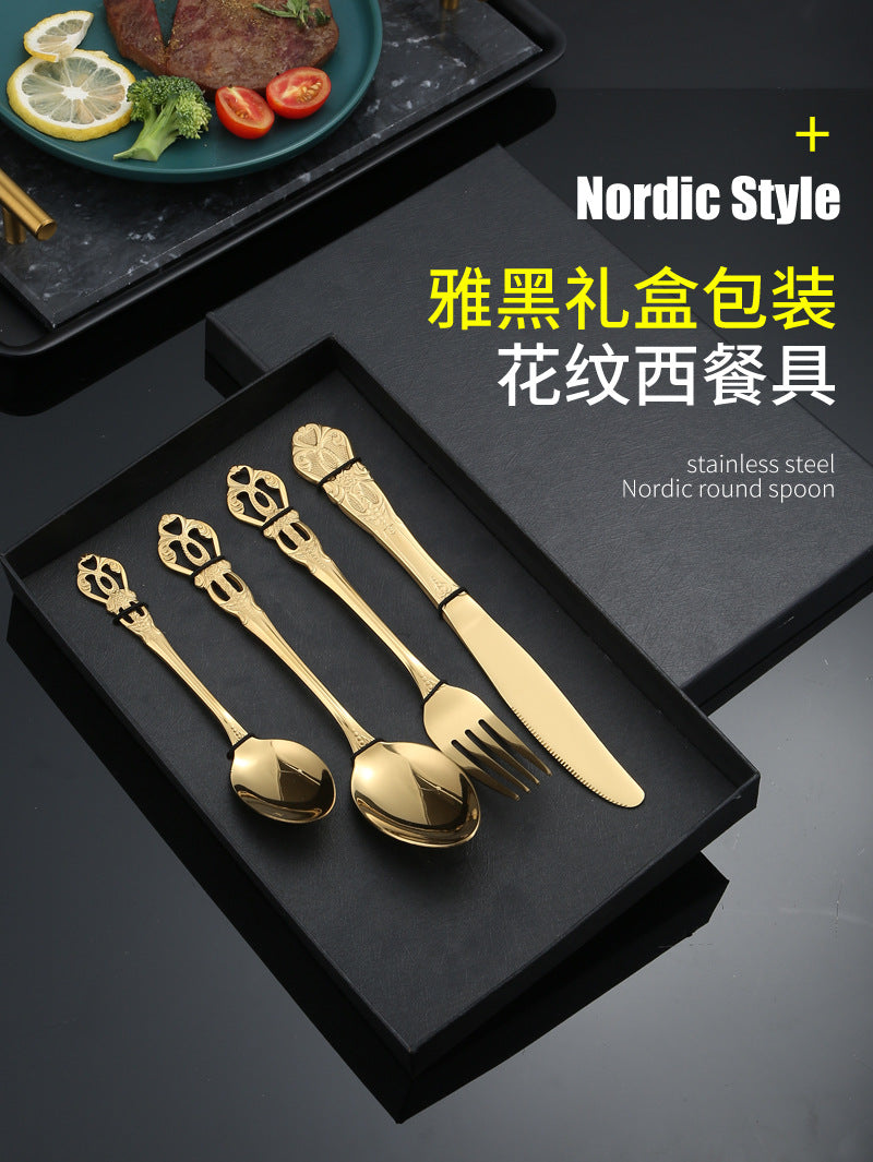Stainless Steel Cutlery Restaurant Royal Court Knife Fork Spoon Set Hotel Western Cuisine European Retro Relief Steak Knife Fork