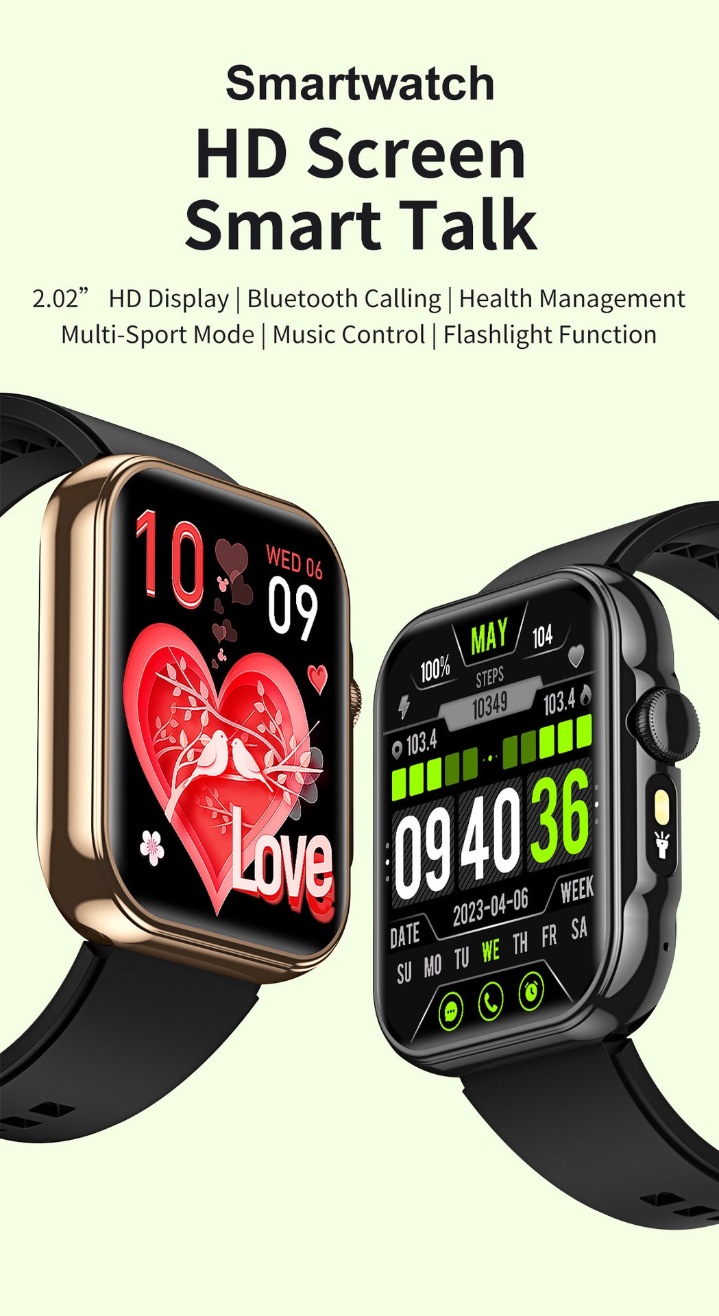 HDT11Smart Watch Bluetooth Call Music Voice Assistant Healthy Sleep Flashlight Bracelet New Style