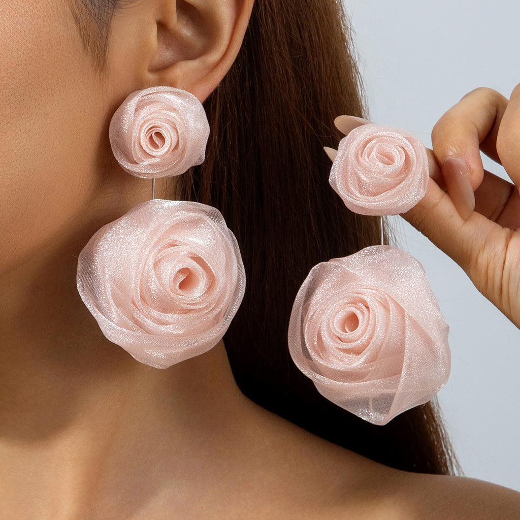 European and American Light Luxury High-End Fabric Rose Flower Earrings Fashion Versatile Three-Dimensional Flower Earrings Wholesale