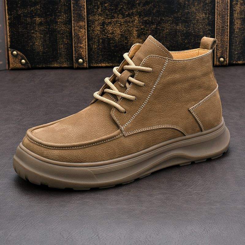 Men's Shoes New Retro Leather Shoes Warm Casual Men's Fleece-Lined Height-Increasing Leather Boots Trendy Martin Boots