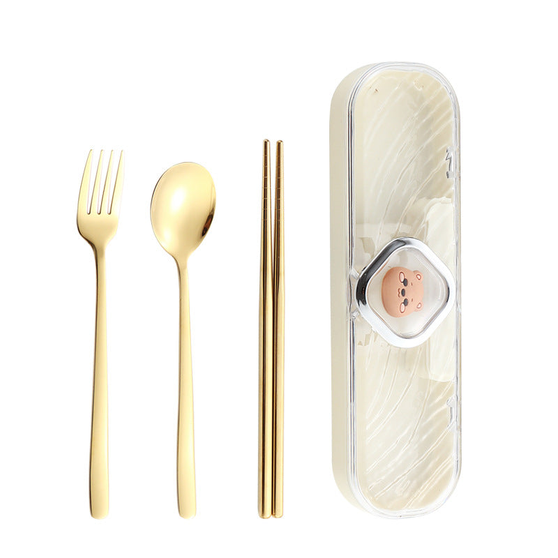 304Stainless Steel Tableware Student Cartoon Portable Tableware Set Work Outdoor Fork Spoon Chopsticks Three-piece Set