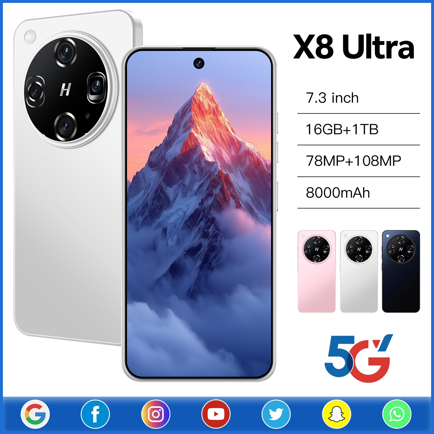 New X8 Ultra Android Smartphone7.3Large Screen with Perforations16+1T E-commerce available