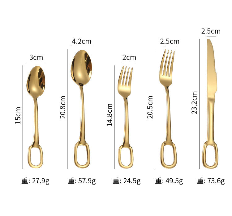 304Stainless Steel Western Cutlery Set with Rings, Steak Knife, Fork, Spoon, European Style Hanging Hole Tea Spoon with Tail Set