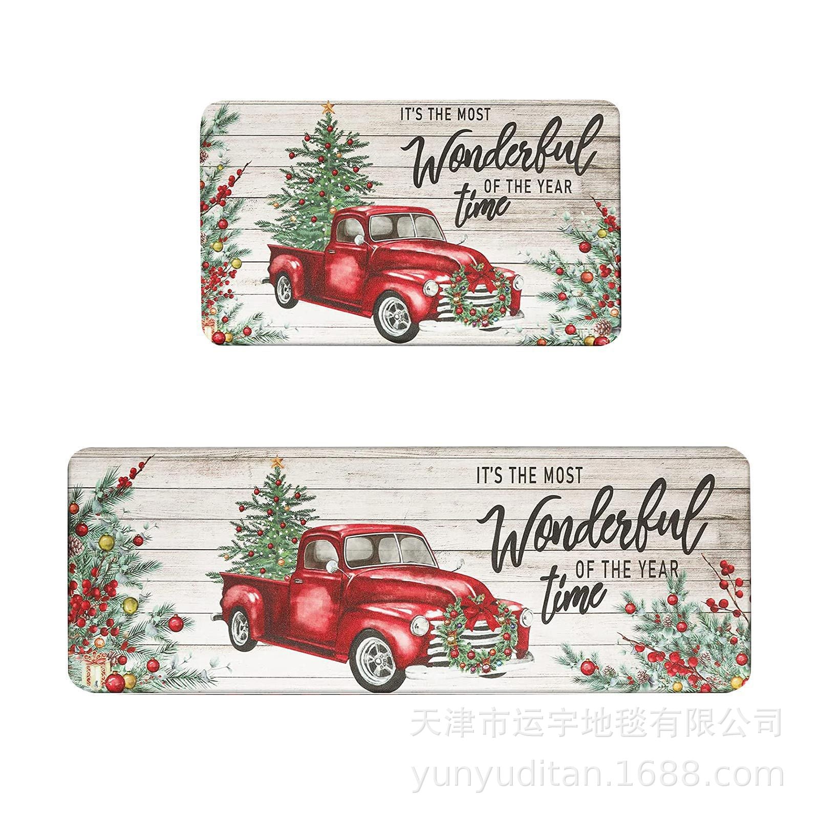 Christmas Kitchen Floor Mat Two-Piece Set Crystal Velvet Water-Absorbent Oil-Absorbent Non-Slip Foot Mat Holiday Decorative Floor Mat