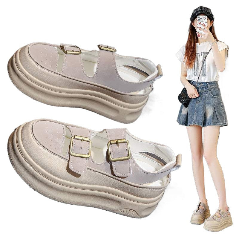 Women's Roman Closed-Toe Sandals2025Summer New Hollow Out Platform Wedge Thick Sole Height Increasing White Shoes Clogs