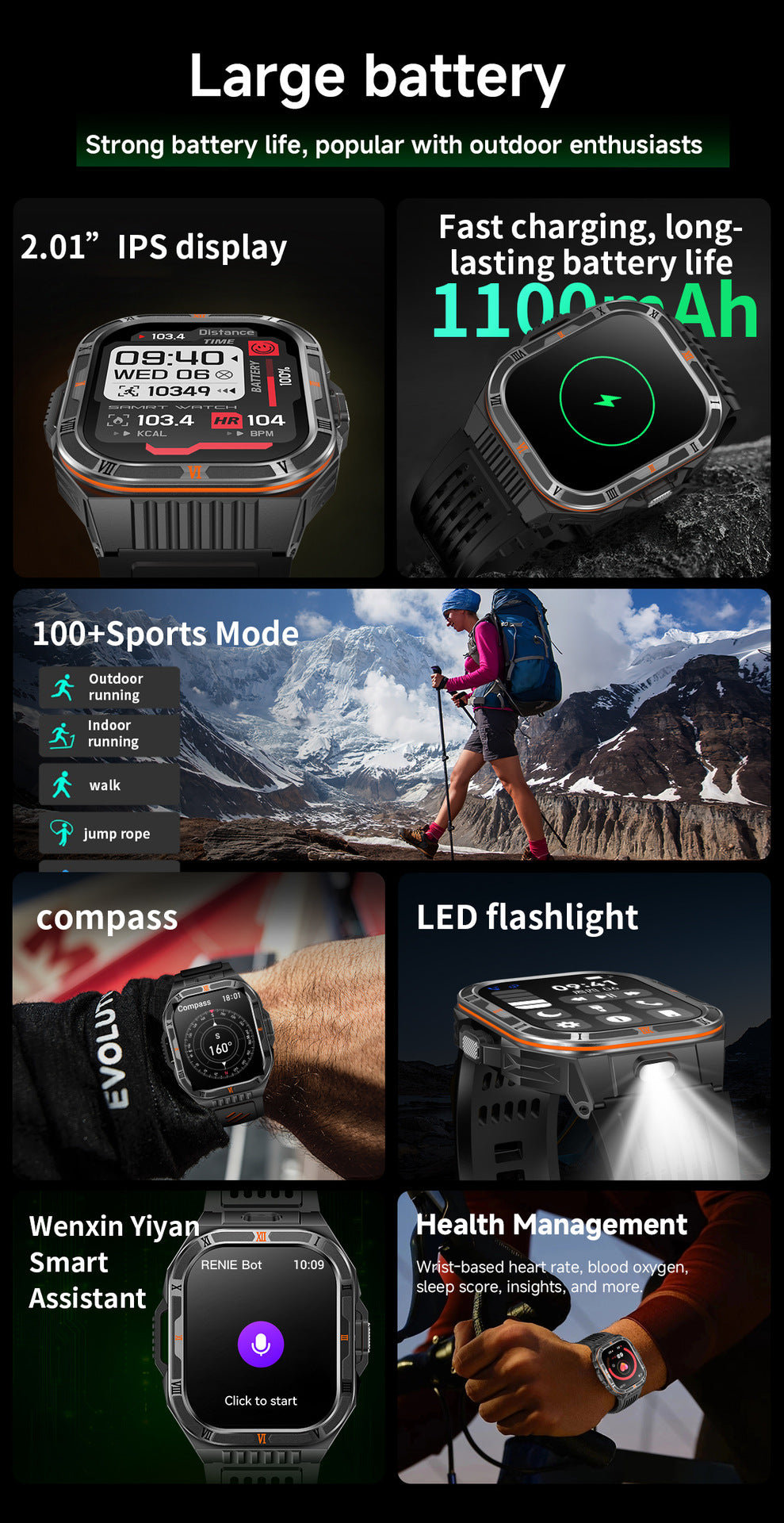 HT38Smart Watch Bluetooth Call Heart Rate Pedometer Sleep Flashlight Deep Waterproof Large Battery Three-Proof Sports