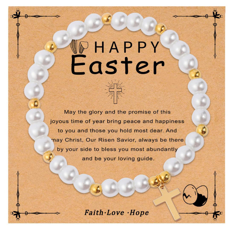 Imitation Pearl Holiday Bracelet Women's Gift Gold Bead Elastic Bracelet with Card Cross Easter Bracelet