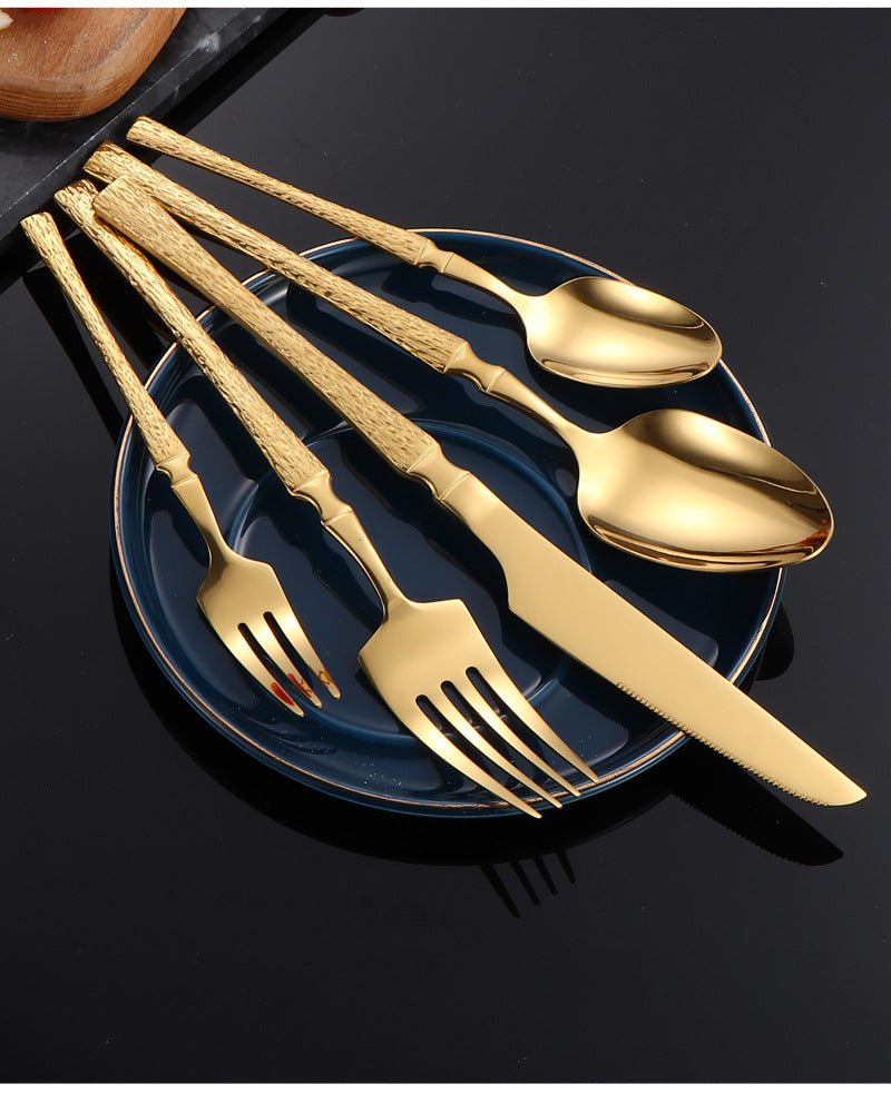 410Stainless Steel Cutlery Hotel Restaurant Hammered Knife Fork Spoon Set Western Small Waist Bark Pattern Steak Knife Fork