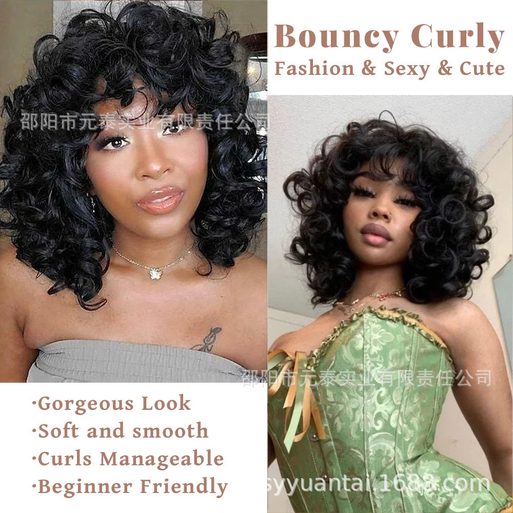 Short Bouncy Curly Wig BOB Glueless Wig Afro Rose Curly