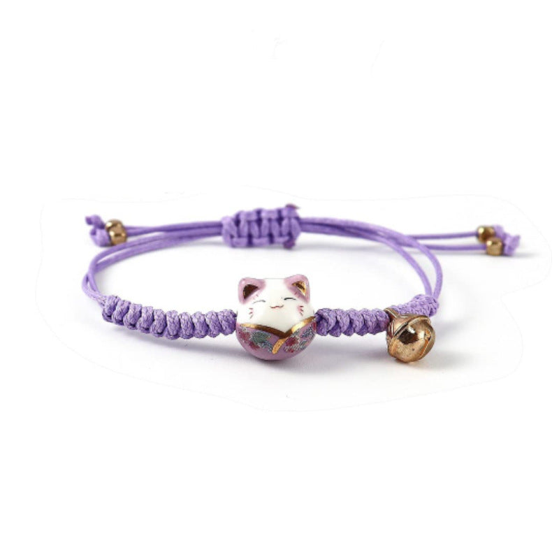 Vintage Ceramic Cat Handmade Woven Bracelet for Women Best Friend Gift Bell Pendant Cartoon Lucky Cat Woven Bracelet