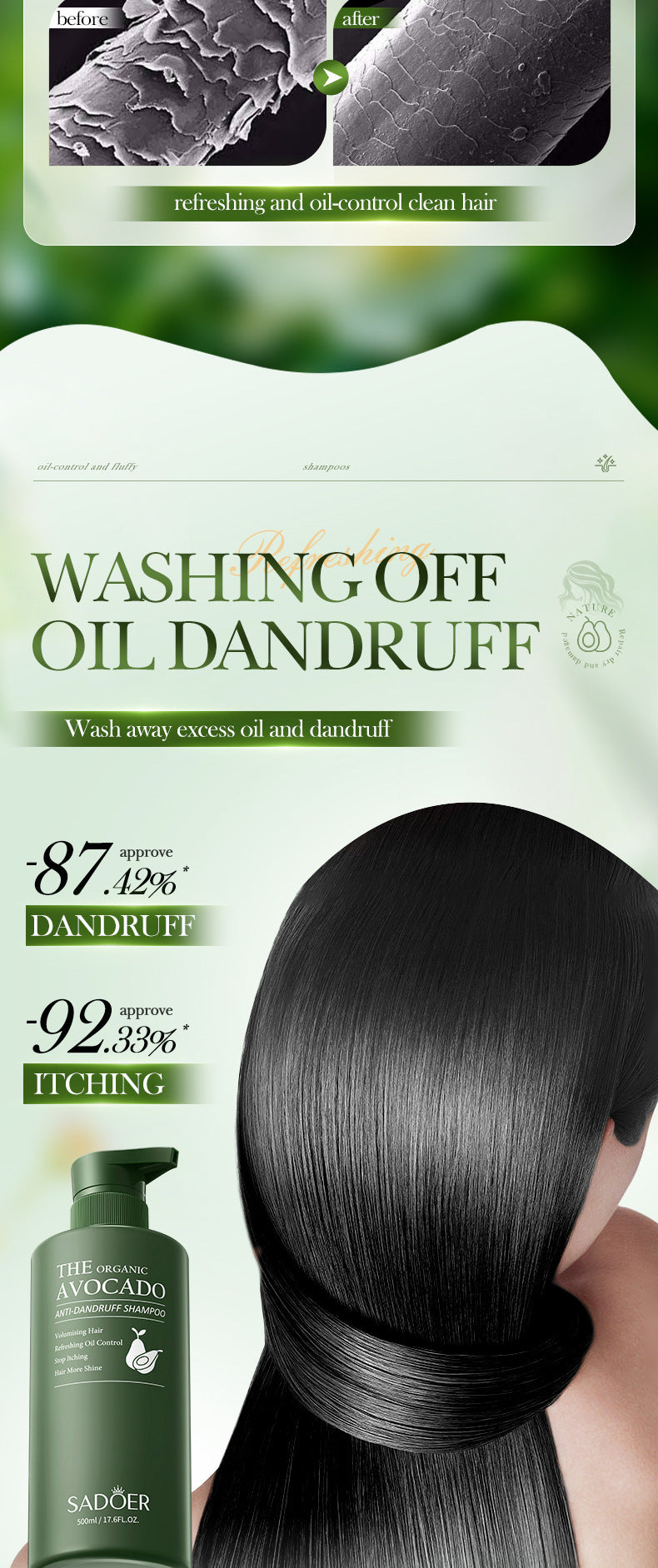 Full English Avocado Anti-Dandruff Oil Control Shampoo SADOER Fluffy Deep Cleansing Shampoo  Wholesale