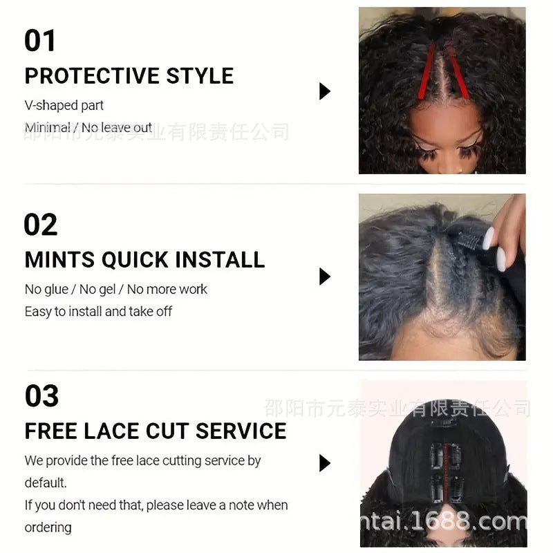 Kinky Curly V Part Wigs Human Hair No Leave Out Glueless Wig