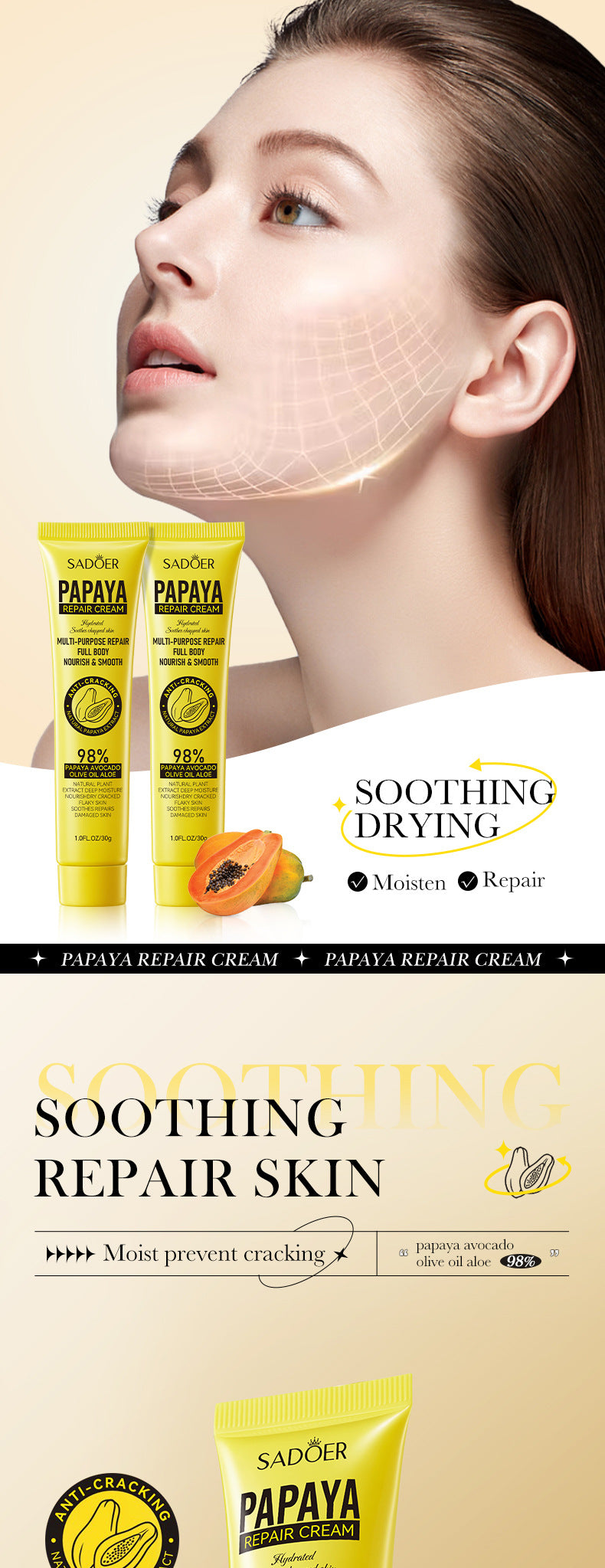Papaya Skin Rejuvenation Cream30g SADOER Anti-chapped Body and Face Cream Wholesale for Cross-border Trade