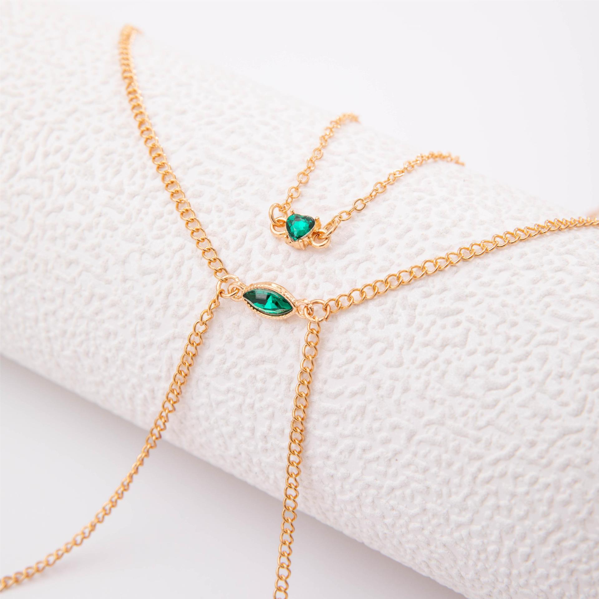 Trendy Simple Men's Body Chain Necklace Fashion Imitation Emerald Heart Hollow Chest Chain with Diamonds