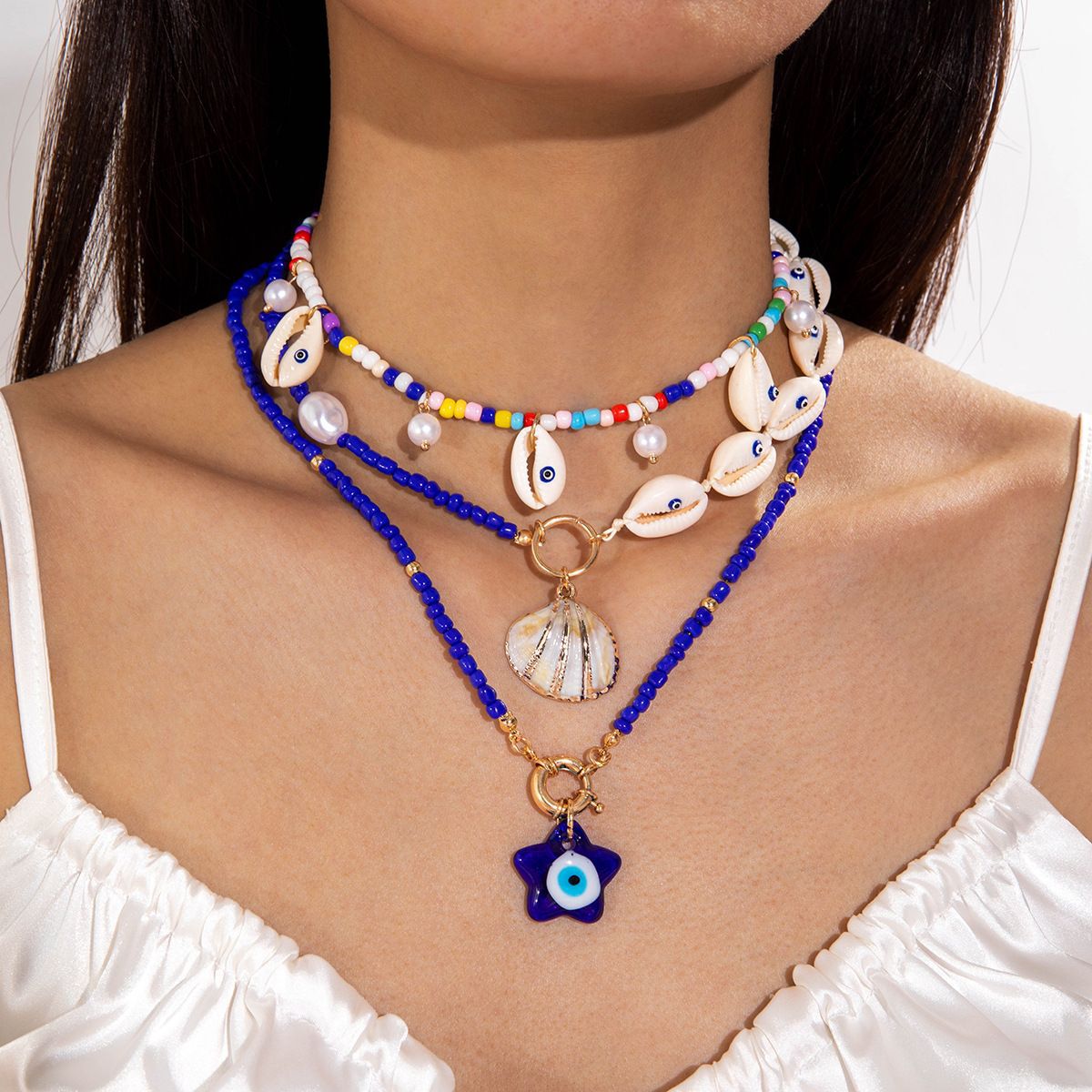 Jewelry Beaded Necklace Beach Imitation Pearl Necklace Starfish Shell Retro Vacation Small Multi-layer Necklace for Women