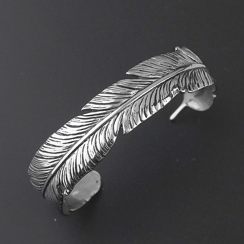Stainless Steel Fashion Personality Creative Feather Bracelet Titanium Steel Unisex Open Vintage Arm Ring Jewelry