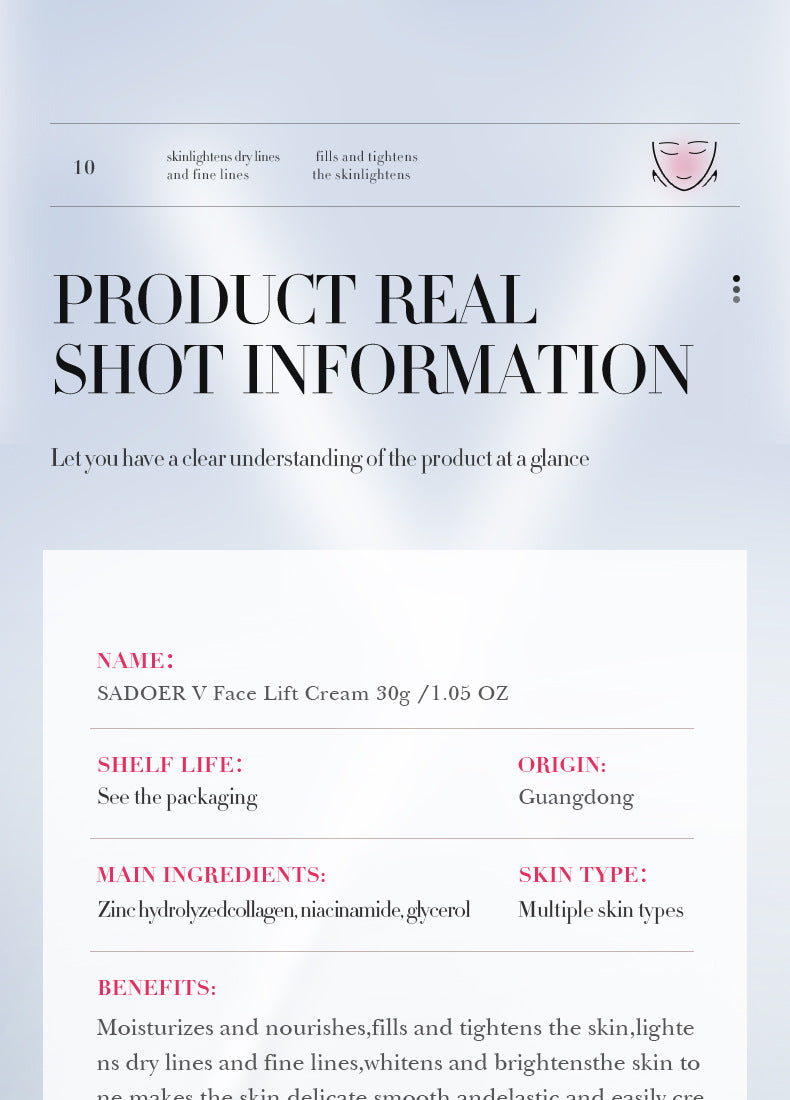 Full English V Face Tightening Cream30gSADOER Facial Lifting and Firming Skin Facial Cream  Foreign Trade Wholesale