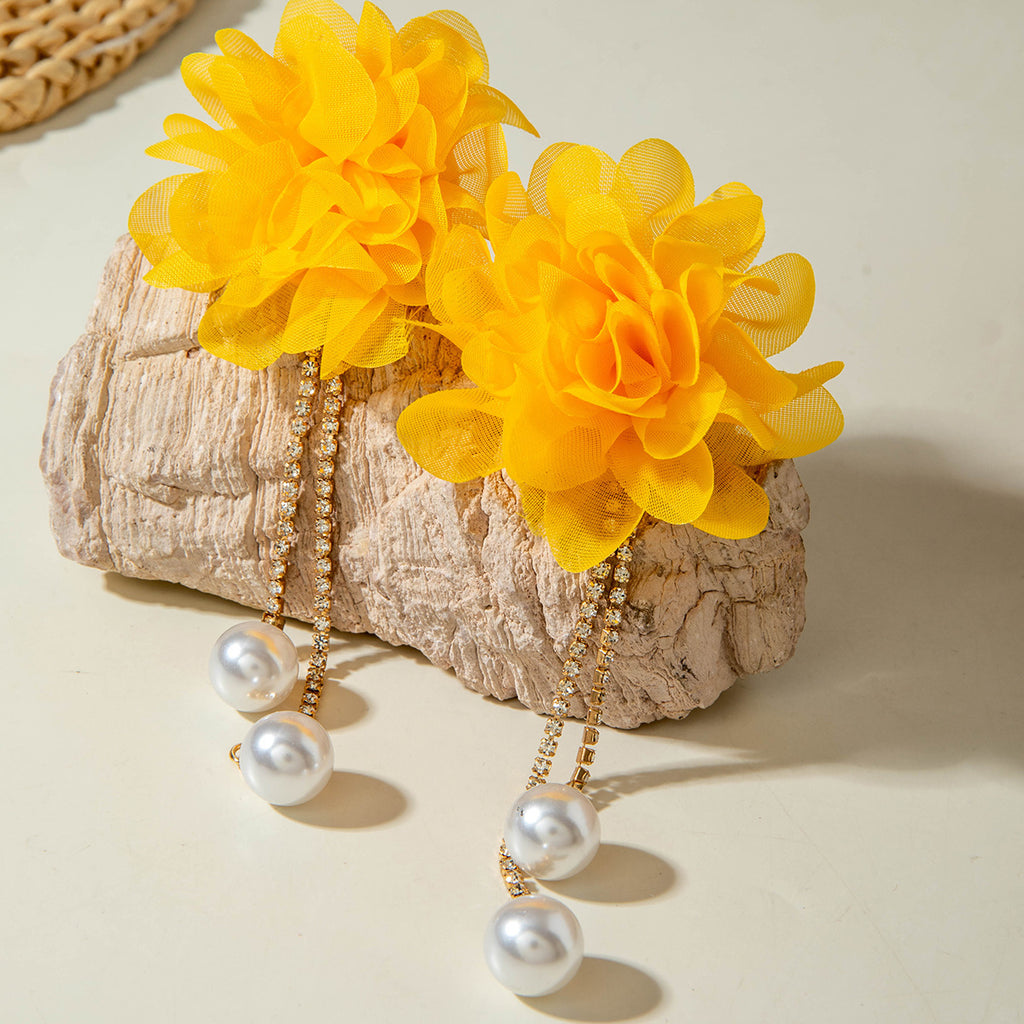 European and American Style Exaggerated Imitation Pearl Tassel Flower Earrings Fresh and Elegant Temperament Earrings for Women