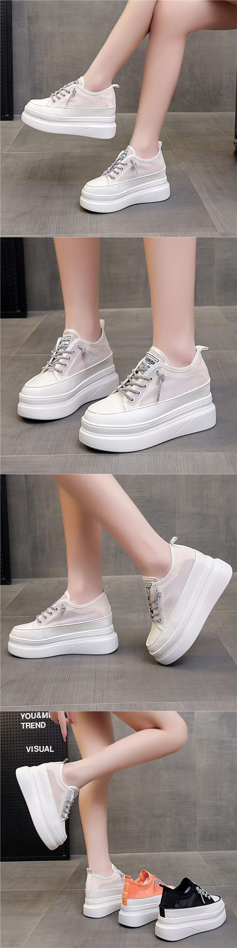 Thick-soled inner height-increasing white sneakers for women with breathable mesh2025Summer New All-Matching8cm Small Size Casual Platform Shoes