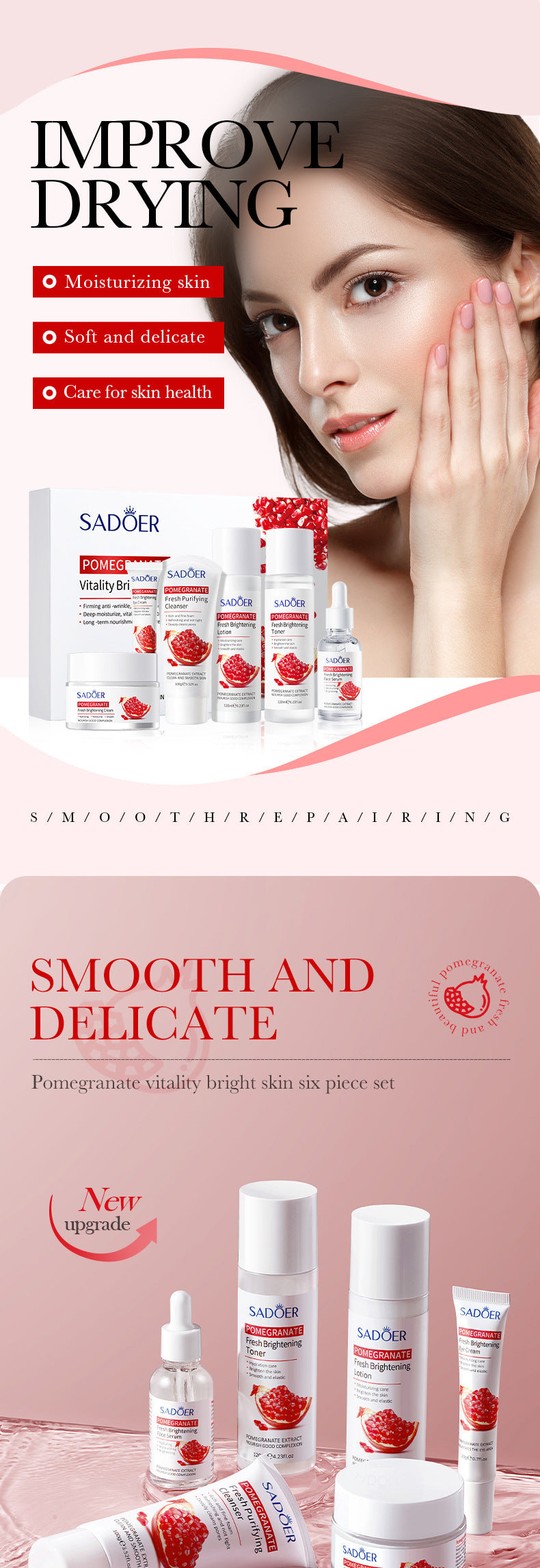 Red Pomegranate Skincare Set SADOER Hydrating Moisturizing Cleansing Six-Piece Set Cross-Border Wholesale