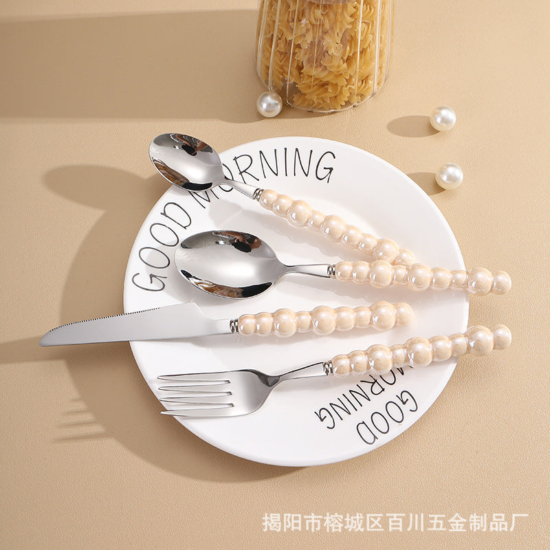 Pearl Ceramic Handle Knife European Style Set Light Luxury Nordic Style304Stainless Steel Western Cutlery Knife Fork Spoon INS
