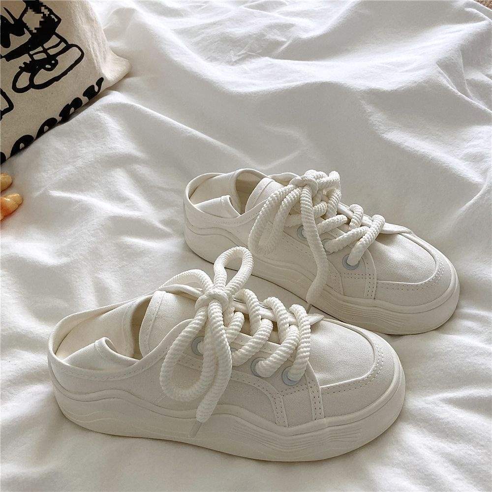 Honeydew Green~!Niche chic Korean Style Two-Way Canvas Shoes for Women, Summer Breathable Thin Versatile Thick-Soled White Shoes