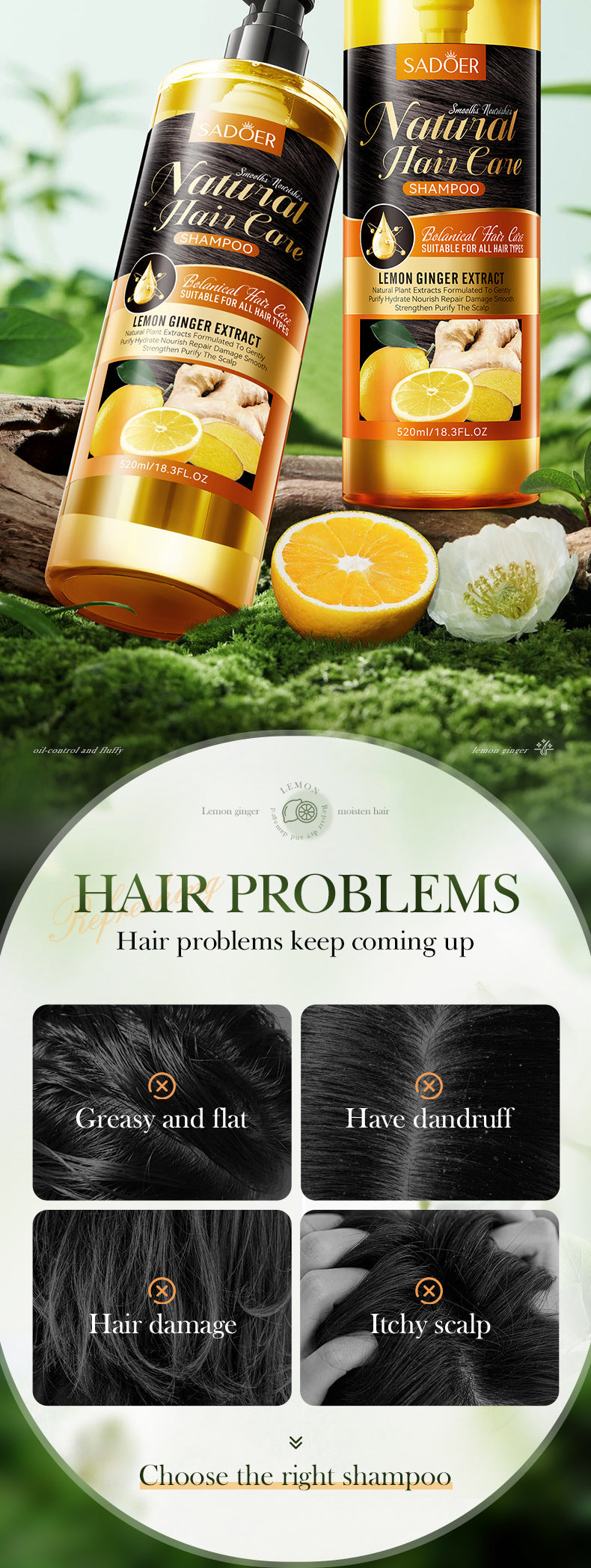 Lemon Ginger Shampoo520ml SADOER Smooth Nourishing Cleansing Shampoo Cross-Border Wholesale
