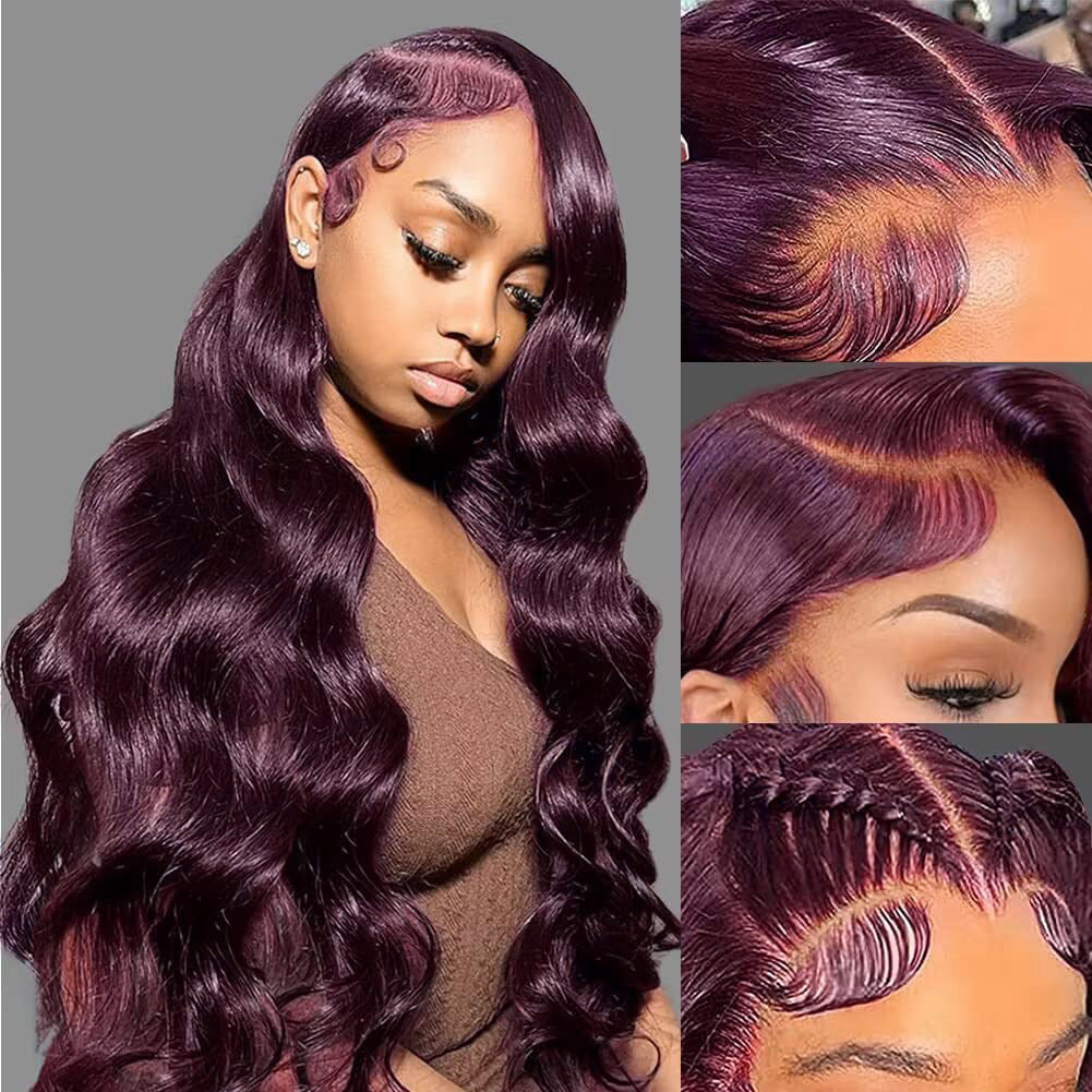Hot-Selling Forehead Hand-Crocheted Wine Red Wig 13*4 body wave front lace fiber w