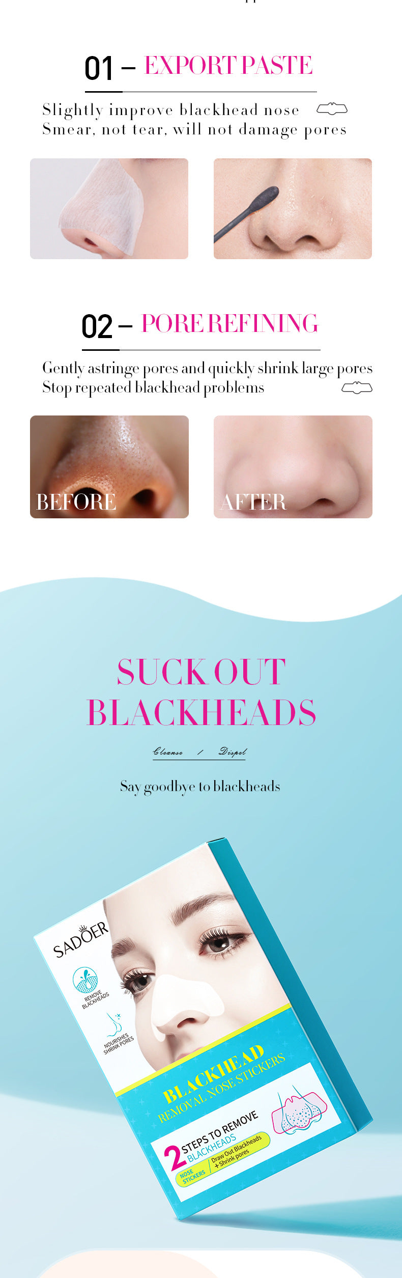 Blackhead Removal Nose Strips SADOER Two-step Blackhead Removal Cleansing and Pore Refining Cross-border Wholesale