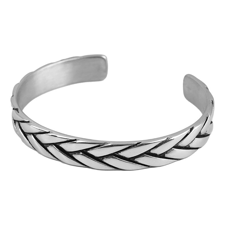 New Titanium Steel Men's Trendy Wheat Ear Bracelet Personality Simple Men's Retro Striped Stainless Steel Braided Bracelet