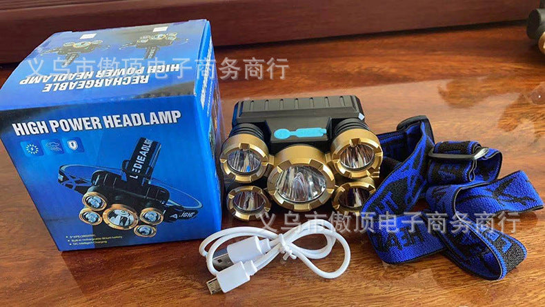 Outdoor head lamp LED Head-mounted Flashlight Lithium Battery Strong Light Five-head Headlamp Long-range Flashlight Mining Lamp USB Charging