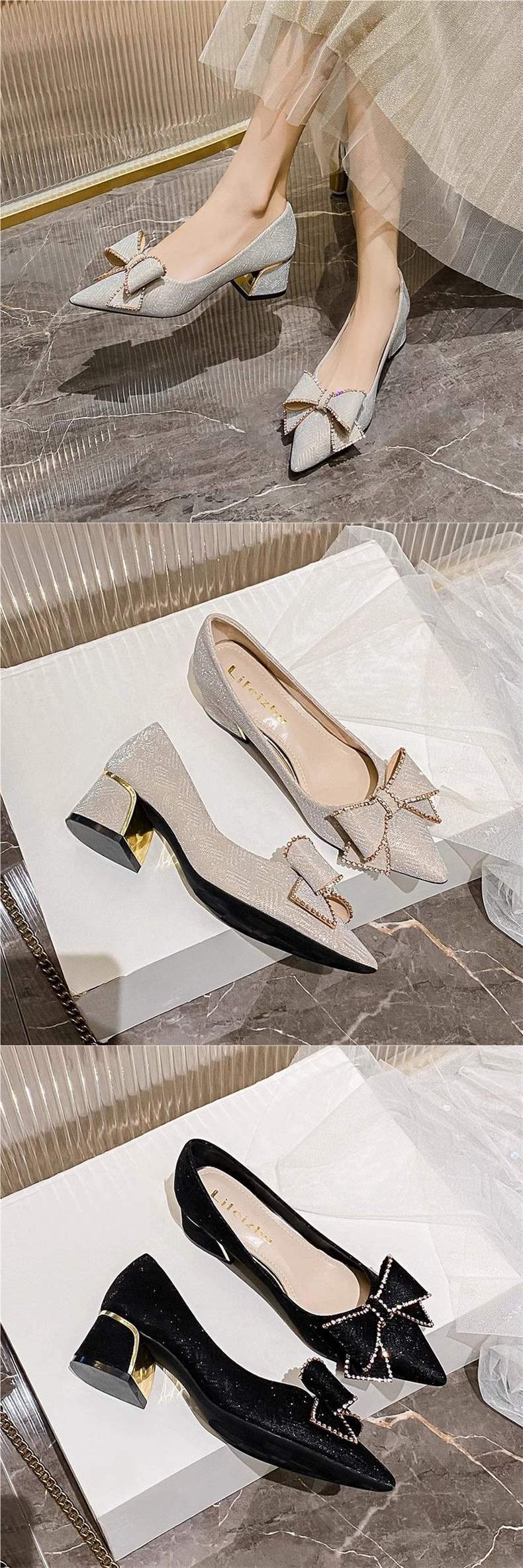 French style high heels with chunky heels and pointed toes for women2025New Spring and Autumn Style Elegant Plus Size Women's Shoes Mid-Heel Wedding Shoes
