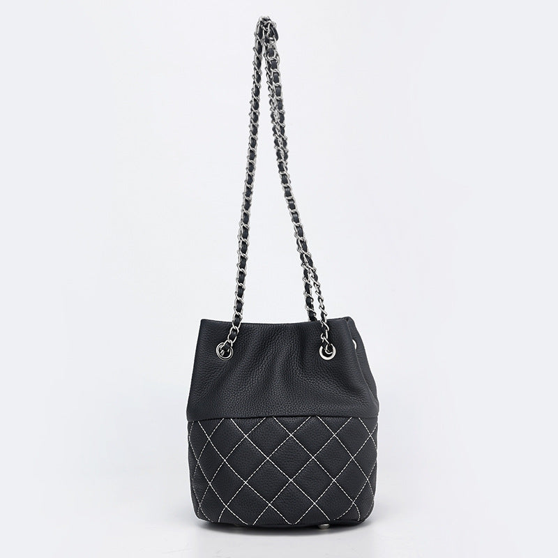 Classic Top Layer Leather Chanel Style Diamond Chain Shoulder Crossbody Women's Bag Fashion Versatile Handheld Bucket Bag for Women