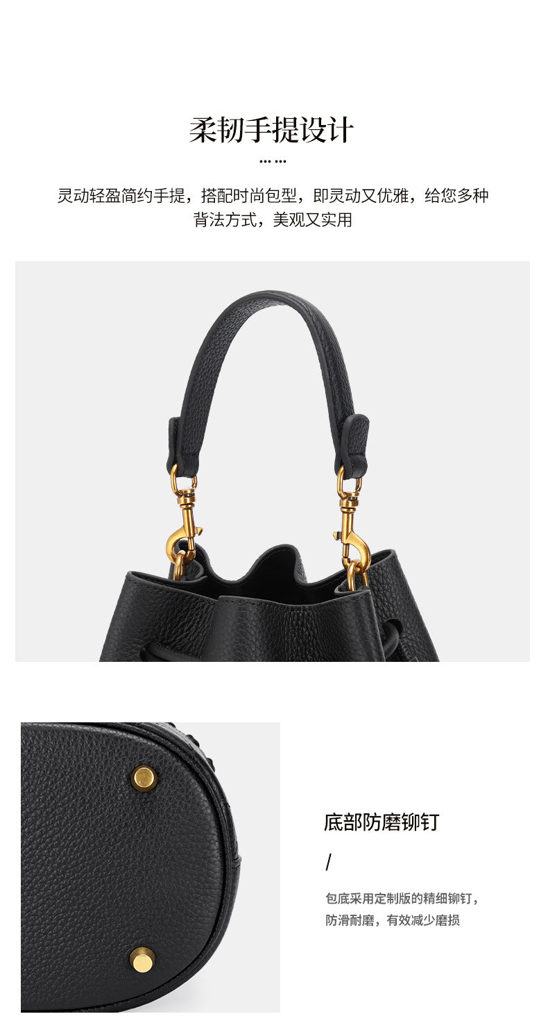 European and American First Layer Cowhide Women's New Genuine Leather Handbag Trendy Bucket Bag Tassel Niche Drawstring Shoulder Crossbody Bag