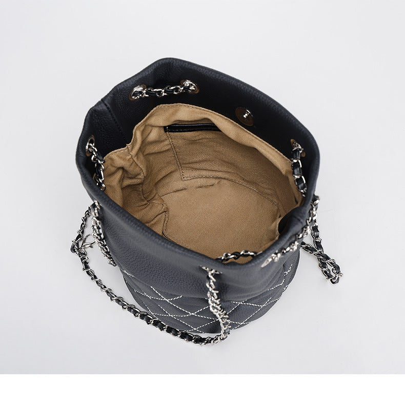 Classic Top Layer Leather Chanel Style Diamond Chain Shoulder Crossbody Women's Bag Fashion Versatile Handheld Bucket Bag for Women