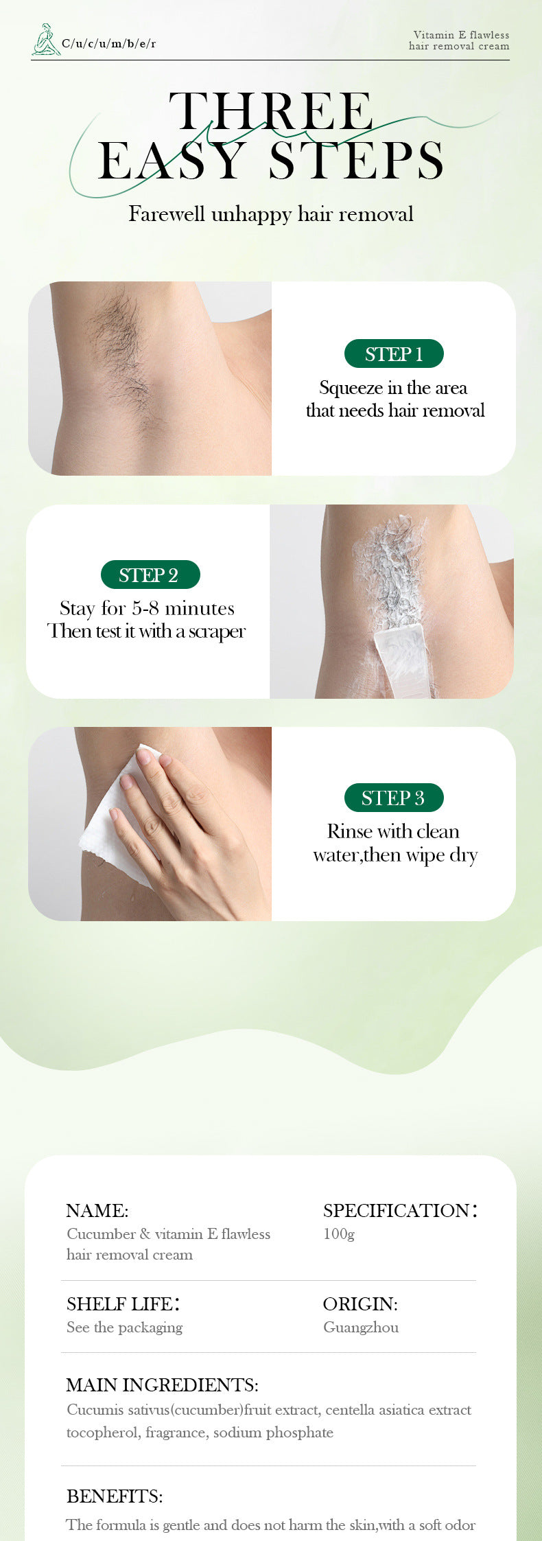 Plant VE Depilatory cream100g SADOER Smooth and Gentle Underarm Hair Removal Cream Cross-Border Wholesale