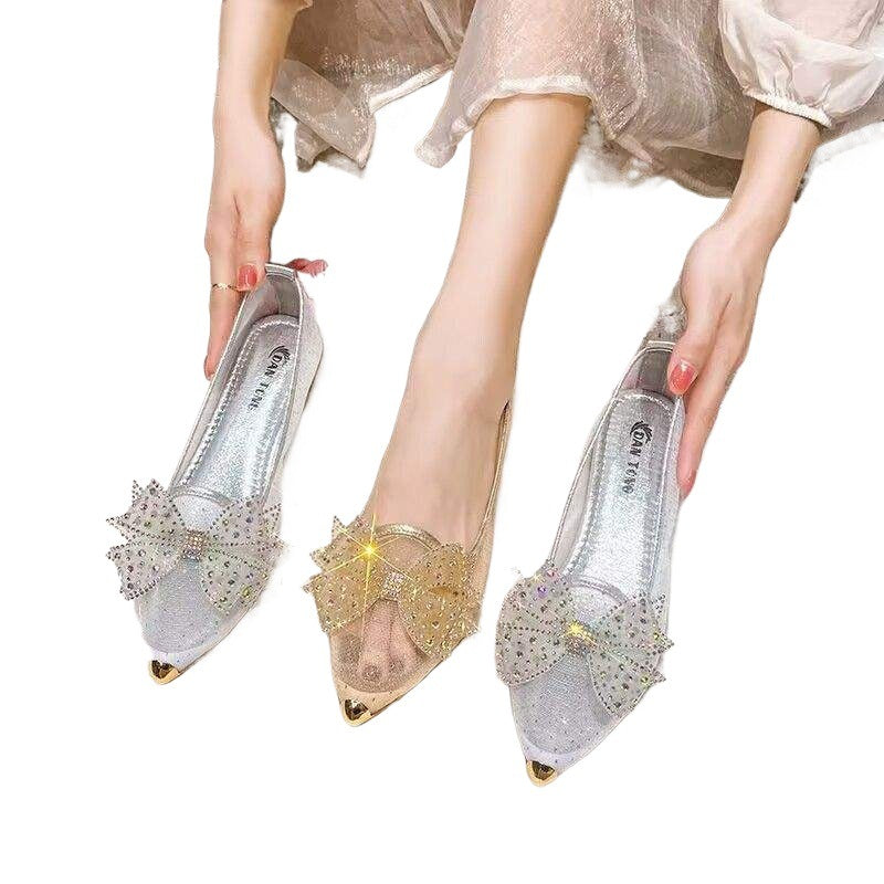Women's Summer Mesh Single Shoes2025New Rhinestone Bow Gentle Style Lady Shoes Flat Breathable Mesh Shoes Pointed Toe