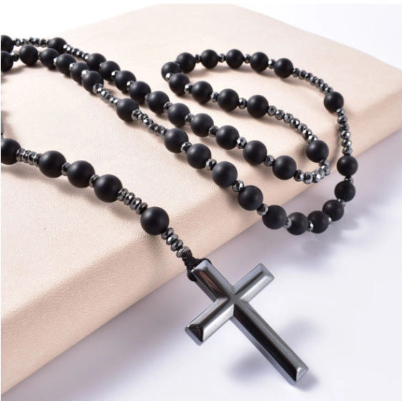 Men's Matte Stone Braided Rope Cross Necklace Natural Stone Beaded Long Necklace Tiger Eye Stone Cross Necklace